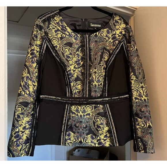 Susanna By Teramina Slimming Black Gold Skirt Suit Size 14 Long Sleeve Elegant - Picture 4 of 16